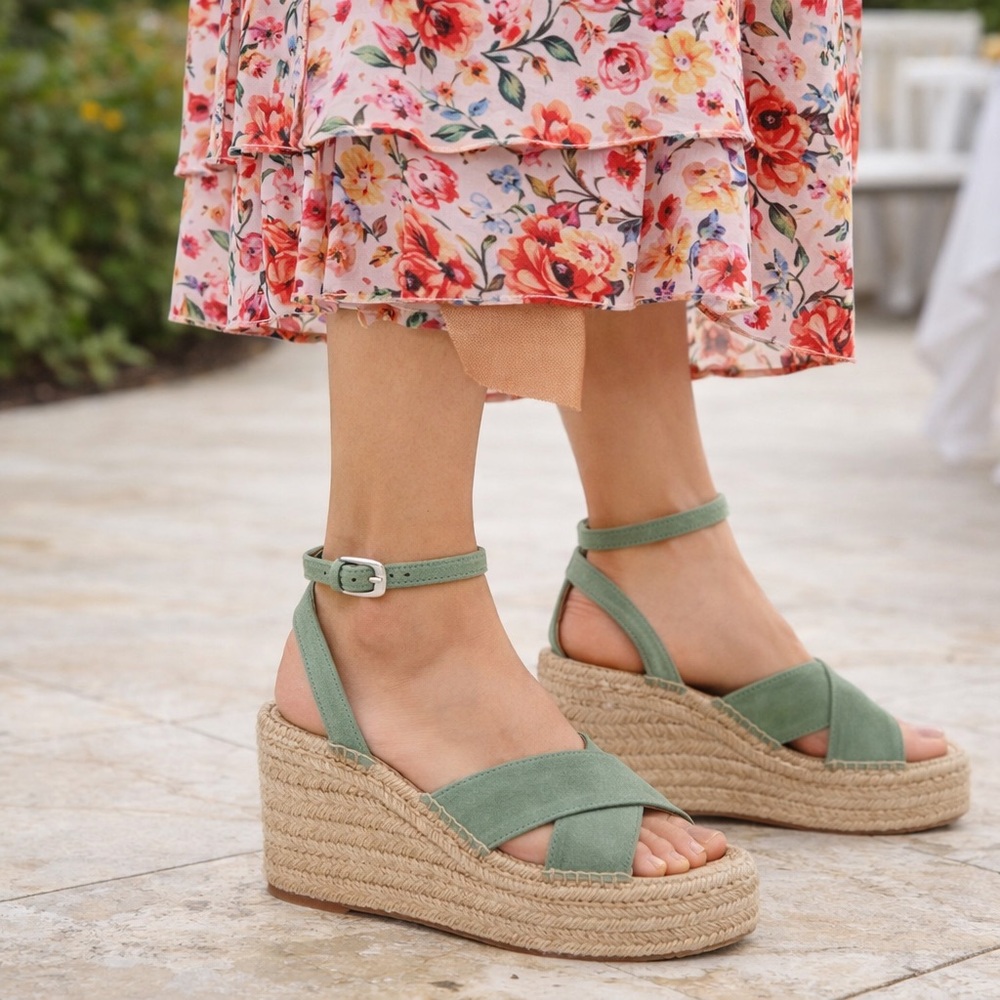 Rag & Bone “Hera” Green Suede Woven Espadrille Platform Sandals Size 39 New